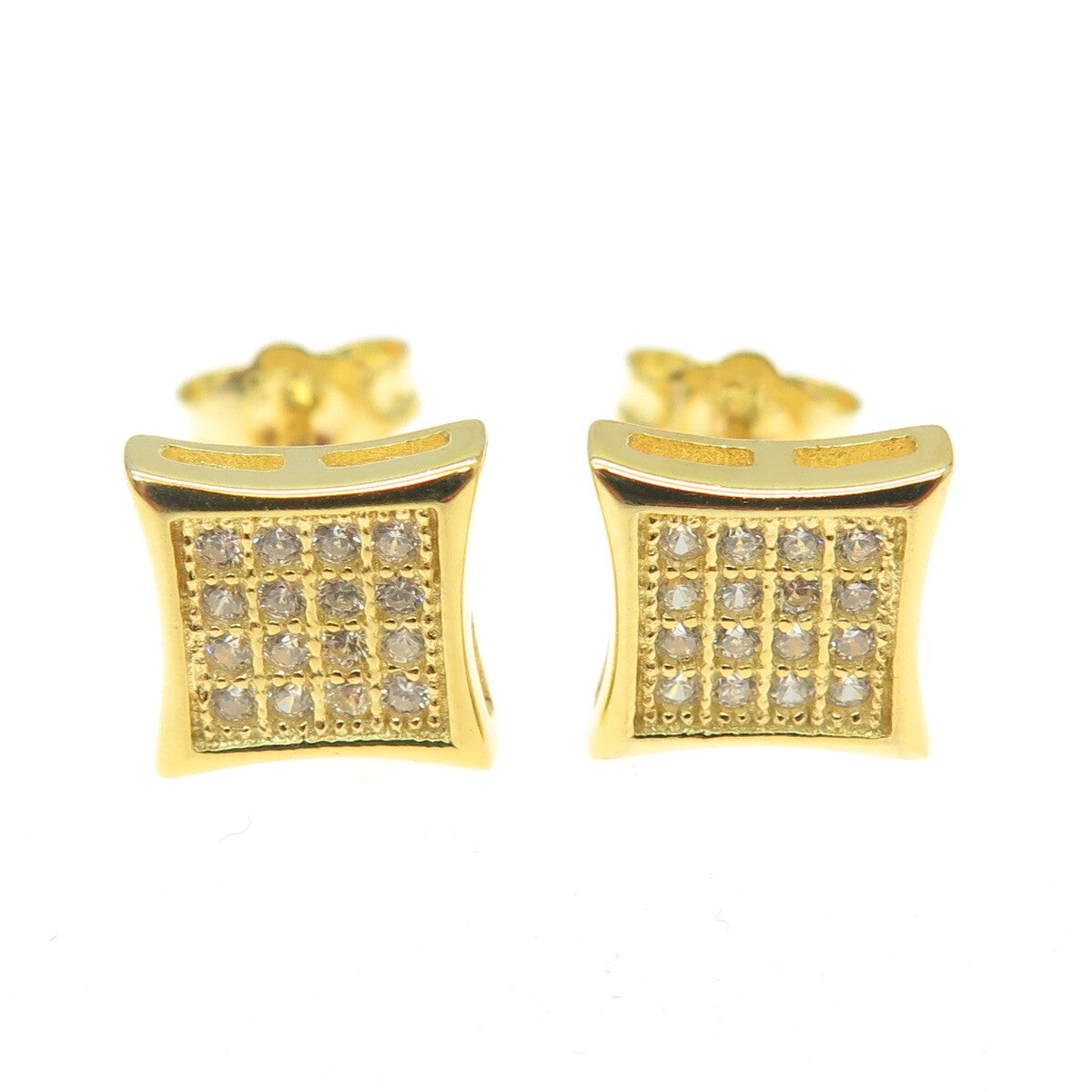 925 Sterling Silver Gold Plated Round-Cut C Z Princess Square Earrings