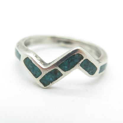 Old Pawn 925 Sterling Silver Vintage Real Turquoise Inlay Zig Zag Ring Size 5.25