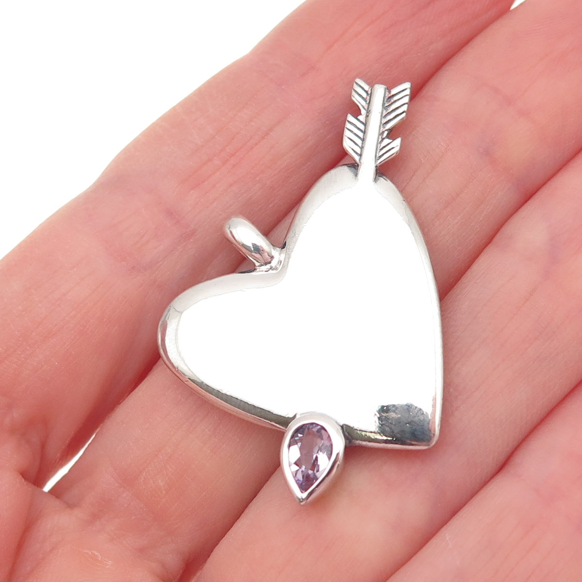 925 Sterling Silver Vintage Real Amethyst Heart & Arrow Charm Pendant