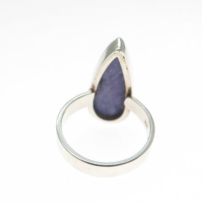 925 Sterling Silver Vintage Real Charoite Gemstone Teardrop Ring Size 6