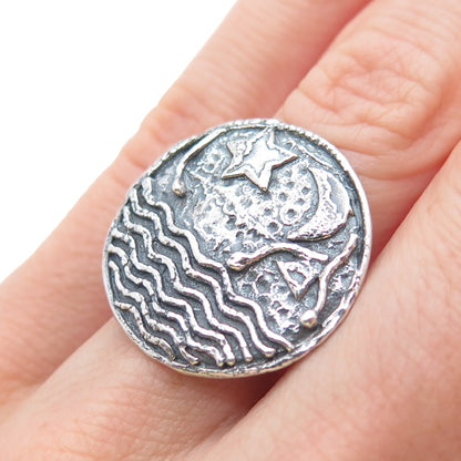 925 Sterling Silver Vintage Celestial Bodies & Ocean Oxidized Ring Size 5.25