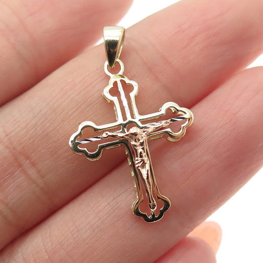 14K Yellow Rose & White Gold Crucifix Cross Religious Charm Pendant