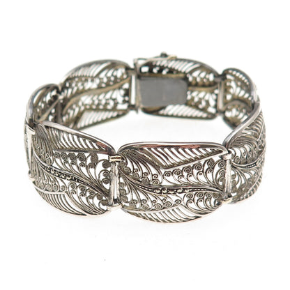 835 Silver Antique Art Deco Real Marcasite Filigree Panel Link Bracelet 6.5"