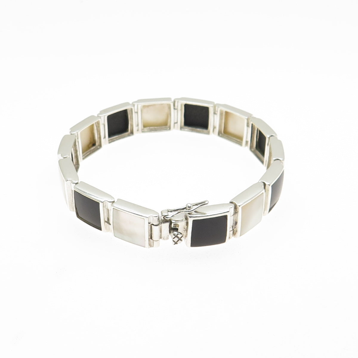 925 Sterling Silver Vintage Real Black Onyx & MOP Panel Link Bracelet 6.5"