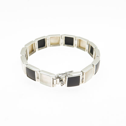 925 Sterling Silver Vintage Real Black Onyx & MOP Panel Link Bracelet 6.5"