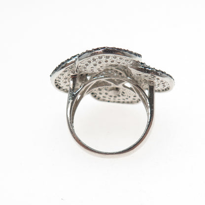 925 Sterling Silver Round-Cut Black & White C Z Flower Blossom Ring Size 8.25