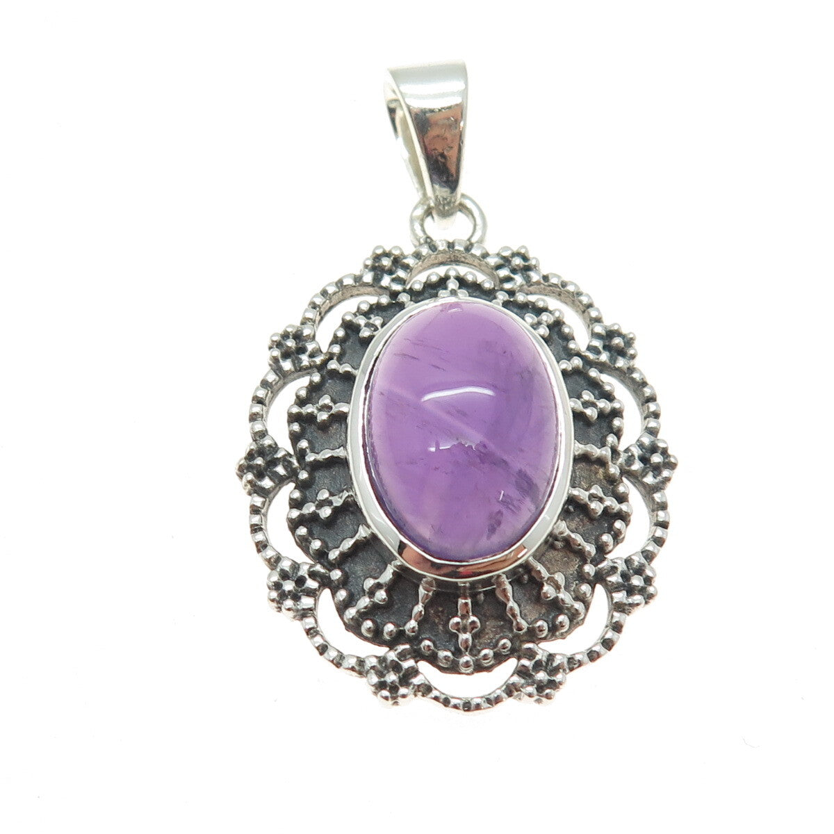 925 Sterling Silver Vintage Real Amethyst Floral Granulated Oxidized Pendant