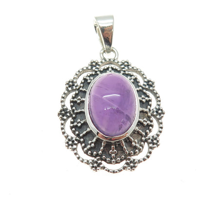925 Sterling Silver Vintage Real Amethyst Floral Granulated Oxidized Pendant