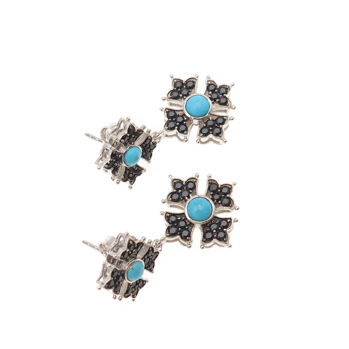 925 Sterling Silver Real Turquoise & Black Spinel Floral Cross Dangle Earrings