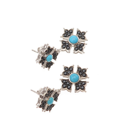 925 Sterling Silver Real Turquoise & Black Spinel Floral Cross Dangle Earrings