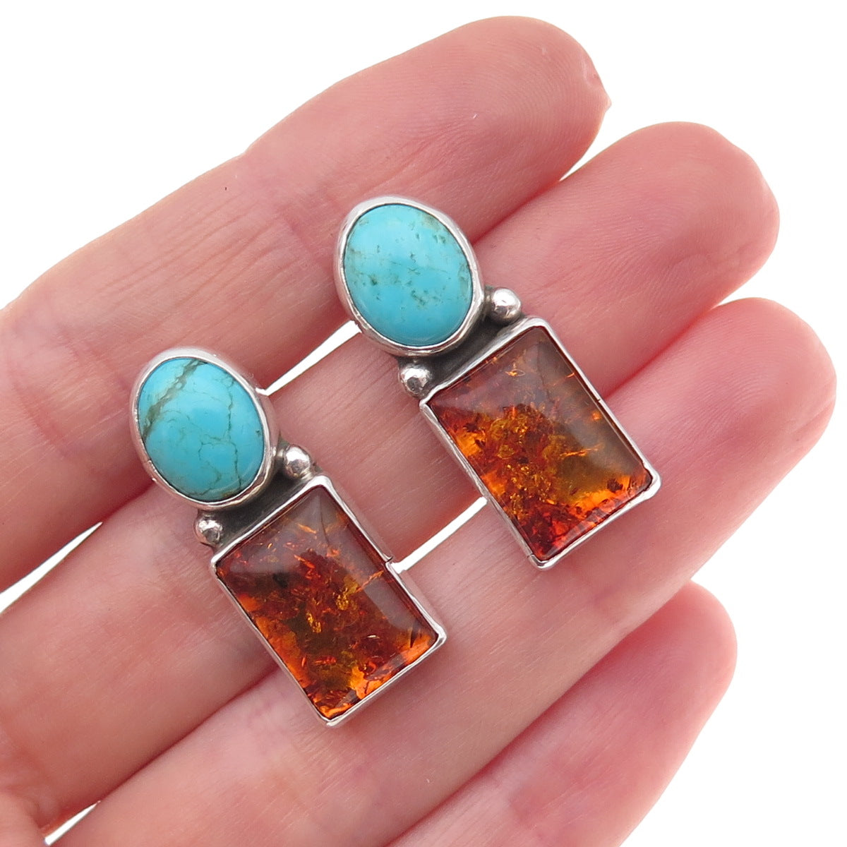 Old Pawn 925 Sterling Silver Vintage Southwestern Turquoise & Amber Earrings