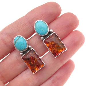 Old Pawn 925 Sterling Silver Vintage Southwestern Turquoise & Amber Earrings