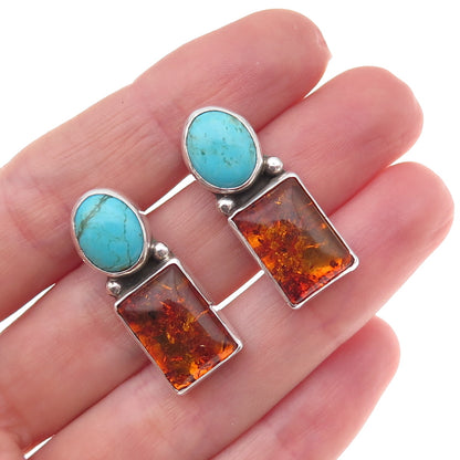 Old Pawn 925 Sterling Silver Vintage Southwestern Turquoise & Amber Earrings