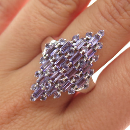 925 Sterling Silver Vintage Real Round & Emerald-Cut Amethyst Ring Size 8.25