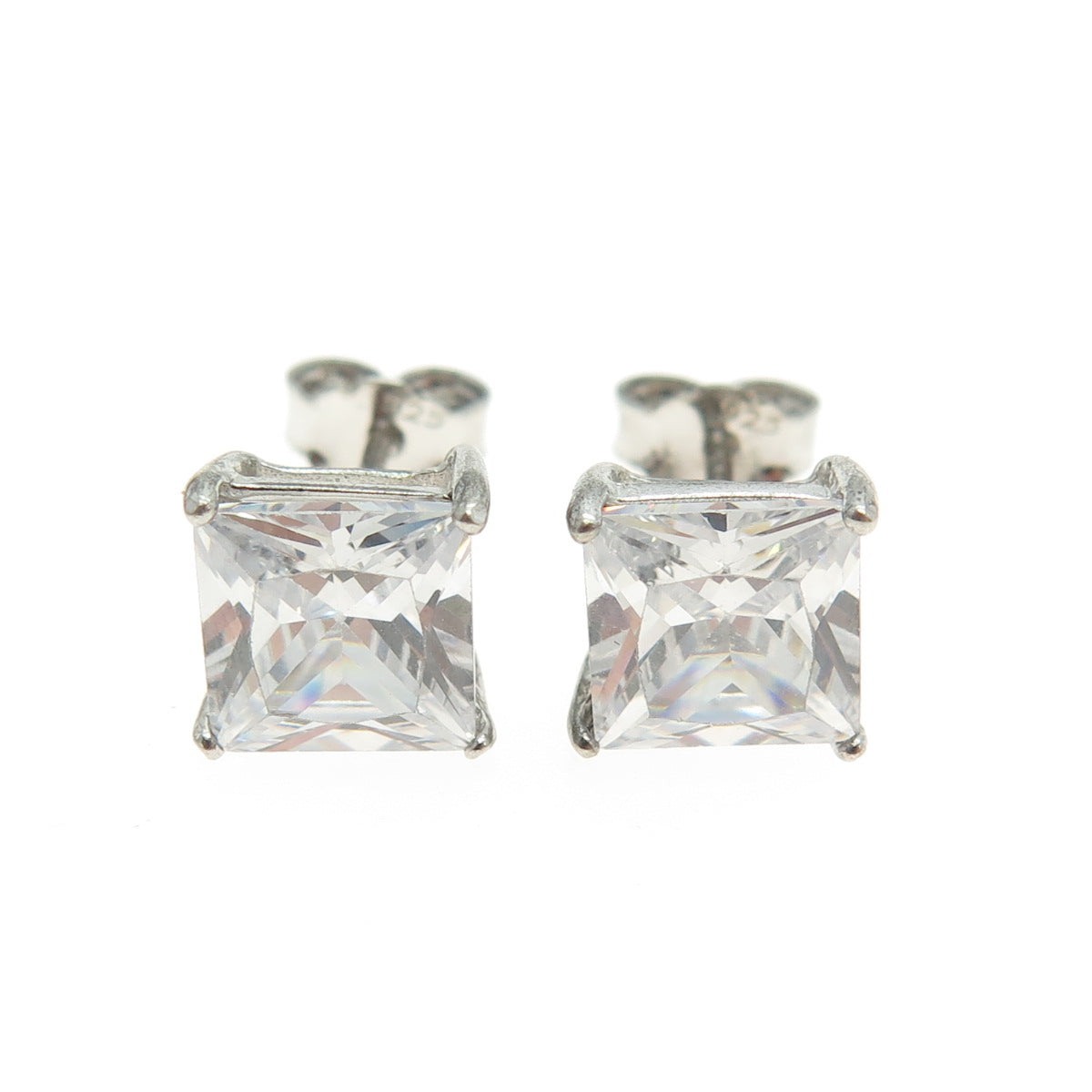 925 Sterling Silver Princess-Cut C Z Stud Earrings