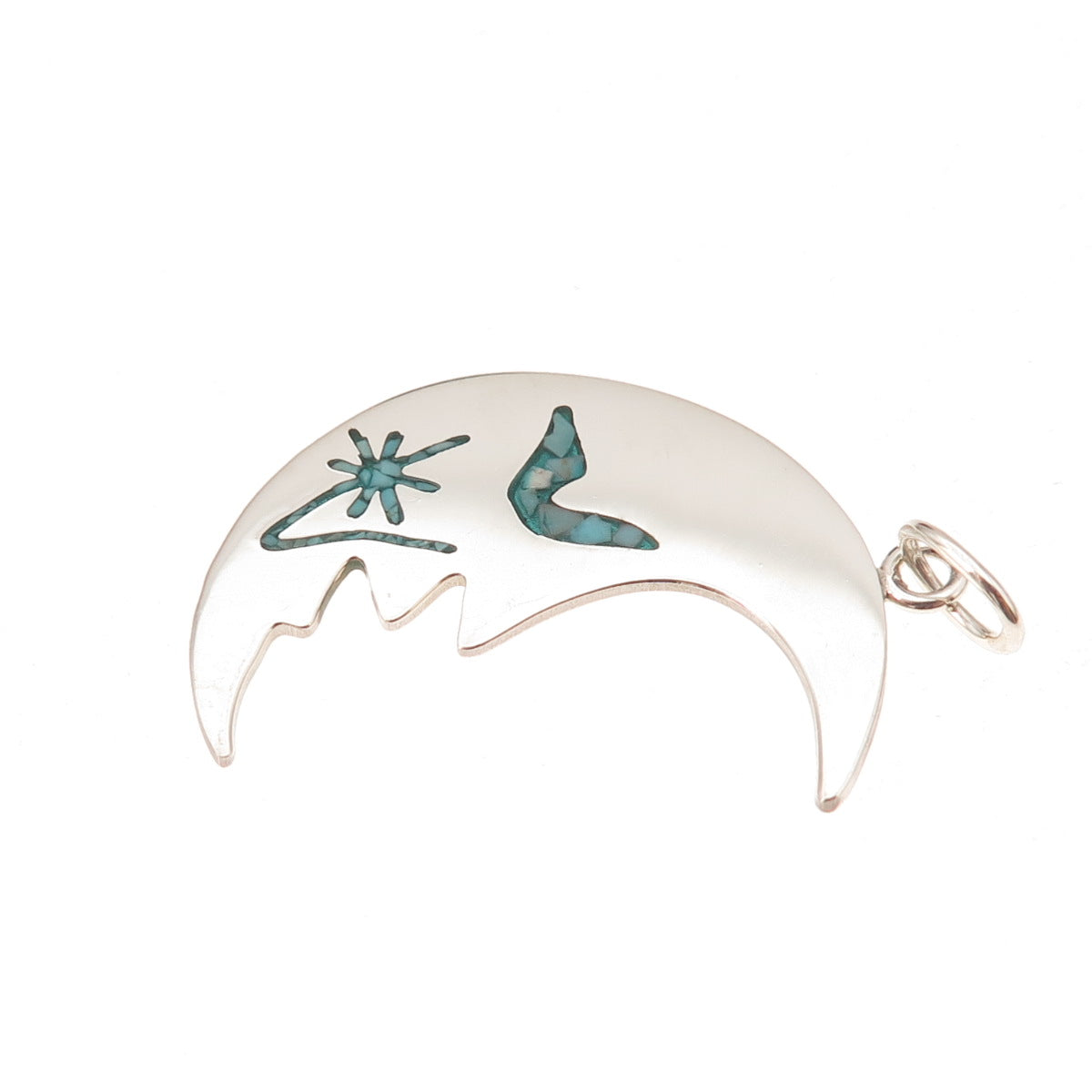 925 Sterling Vintage Real Turquoise Inlay Man in The Moon Crescent Charm Pendant