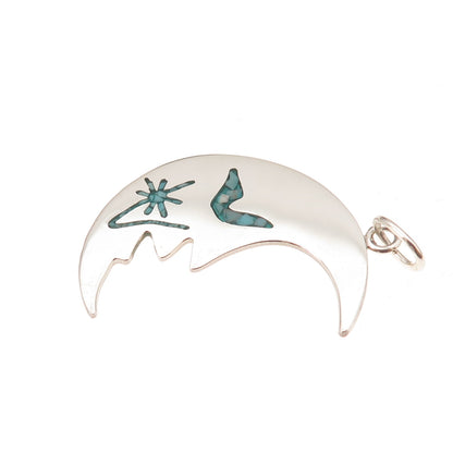 925 Sterling Vintage Real Turquoise Inlay Man in The Moon Crescent Charm Pendant