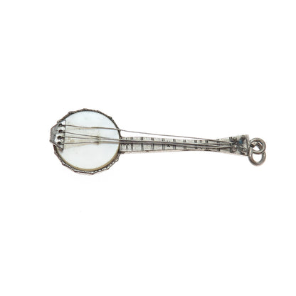 925 Sterling Silver Antique Art Deco Real MOP Banjo Music Instrument Pendant