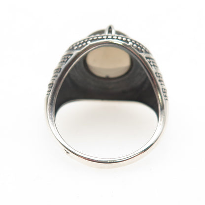 925 Sterling Silver Vintage Real Smoky Quartz Oxidized Dotted Ring Size 9