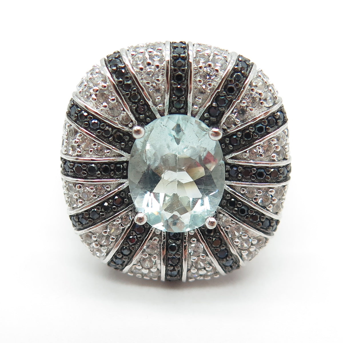 925 Sterling Silver Real Blue & White Topaz Black Spinel Ring Size 8