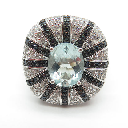 925 Sterling Silver Real Blue & White Topaz Black Spinel Ring Size 8