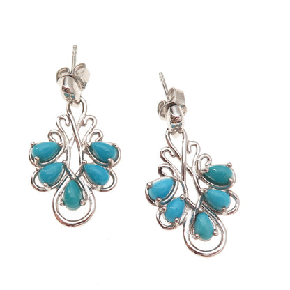 925 Sterling Silver Real Sleeping Beauty Turquoise Floral Dangle Earrings