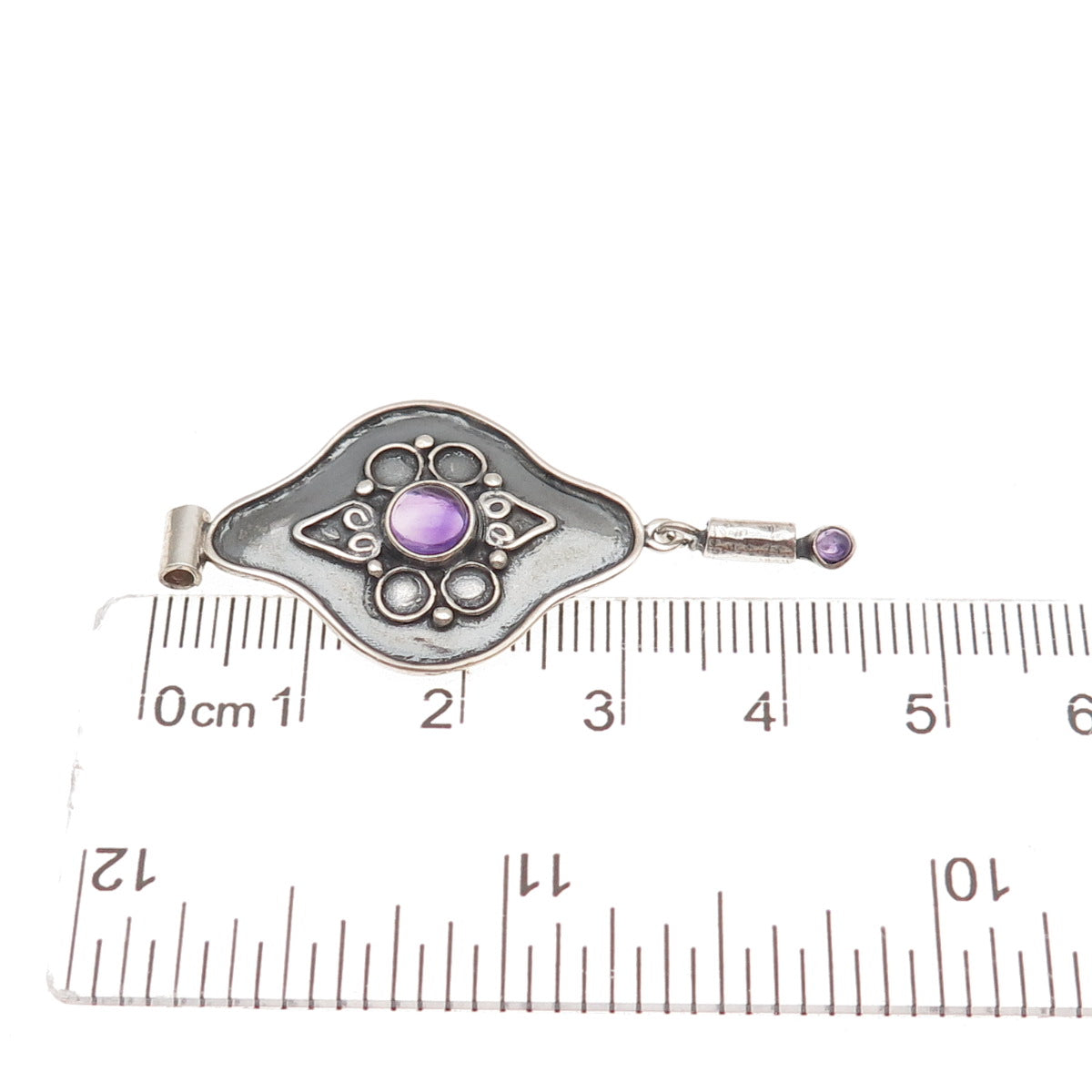 925 Sterling Silver Vintage Real Amethyst Modernist Oxidized Slide Pendant