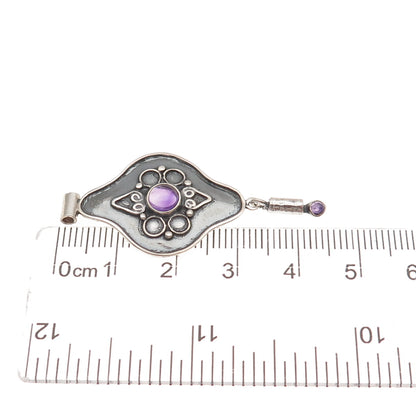 925 Sterling Silver Vintage Real Amethyst Modernist Oxidized Slide Pendant