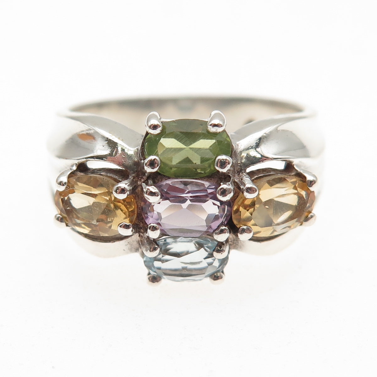 925 Sterling Silver Vintage Real Blue Topaz Amethyst Peridot Citrine Ring Size 8