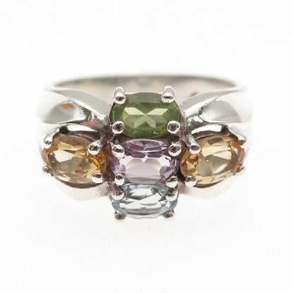 925 Sterling Silver Vintage Real Blue Topaz Amethyst Peridot Citrine Ring Size 8