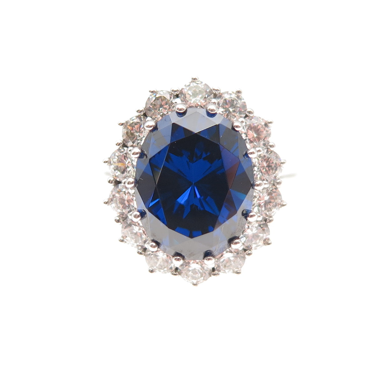 925 Sterling Silver Oval-Cut Blue & Round-Cut White C Z Ring Size 8.25