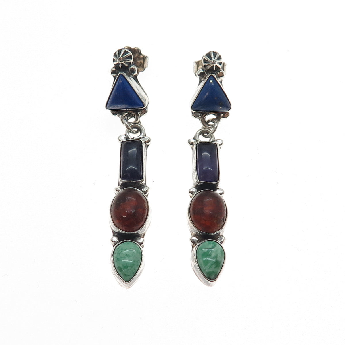 Roie Jaque Navajo Old Pawn 925 Sterling Turquoise Lapis Amber Amethyst Earrings