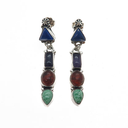 Roie Jaque Navajo Old Pawn 925 Sterling Turquoise Lapis Amber Amethyst Earrings