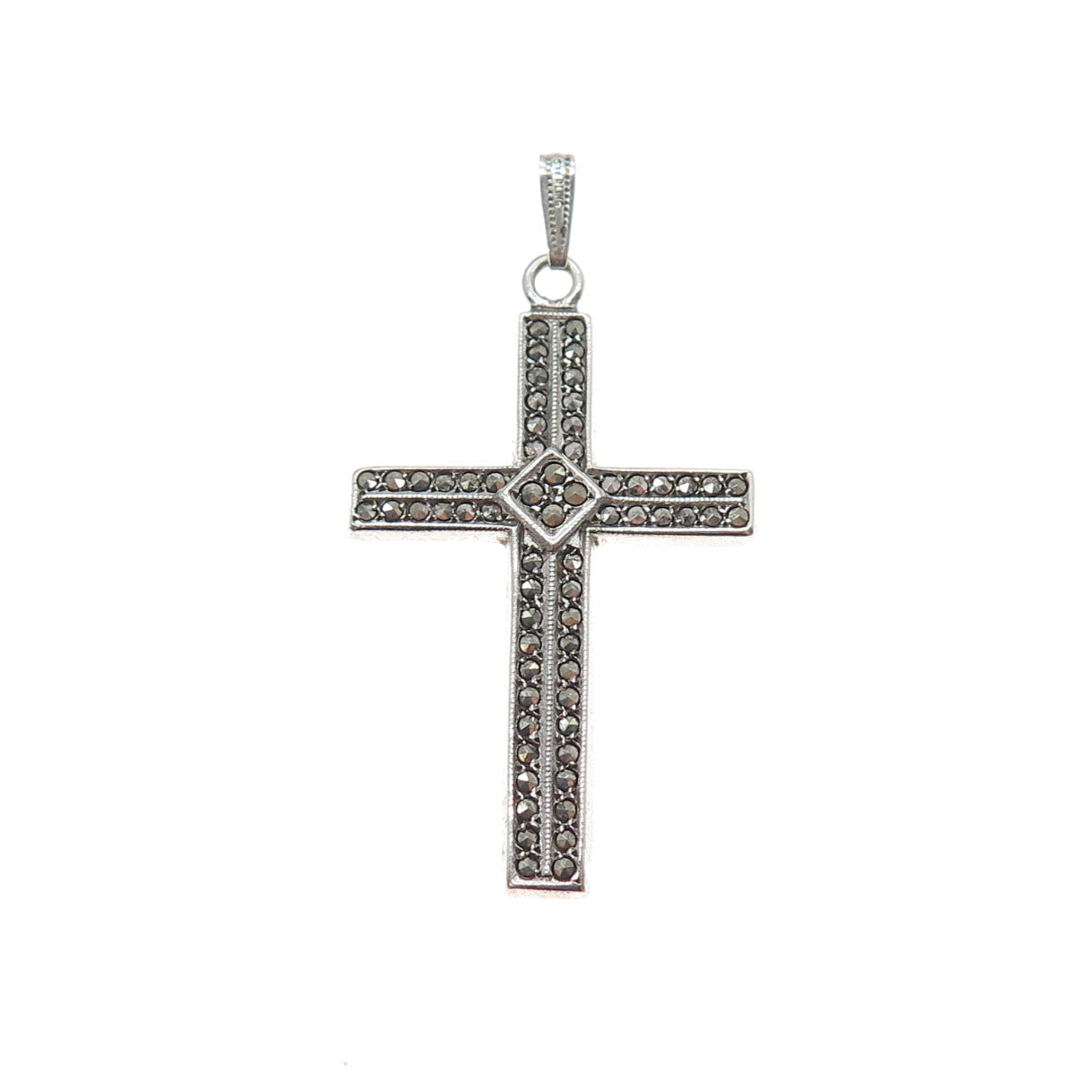 925 Sterling Silver Antique Art Deco Real Marcasite Cross Charm Pendant