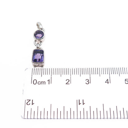 925 Sterling Silver Vintage Real Round & Emerald-Cut Amethyst Charm Pendant