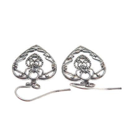 925 Sterling Silver Vintage Ornate Heart & Flower Dangle Earrings