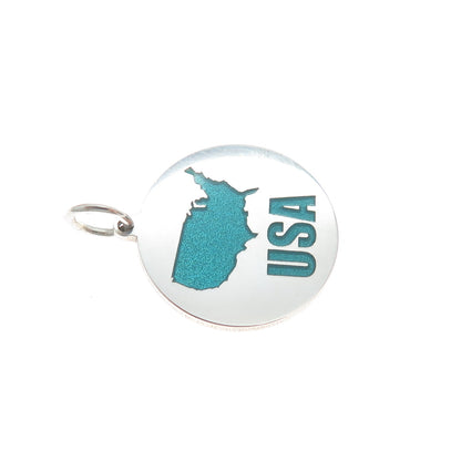 925 Sterling Silver Turquoise Enamel USA Map Round Tag Minimalist Charm Pendant
