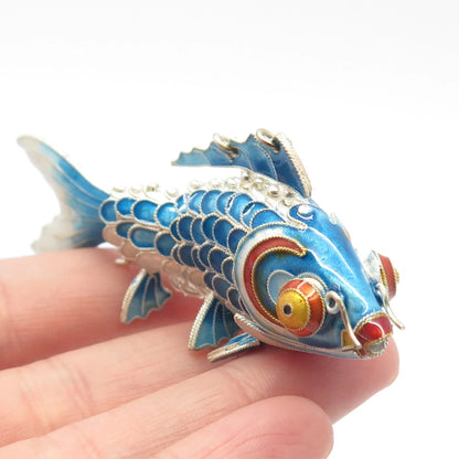 925 Sterling Silver Enamel Antique Chinese Koi Fish Chatelaine Fob / Pendant
