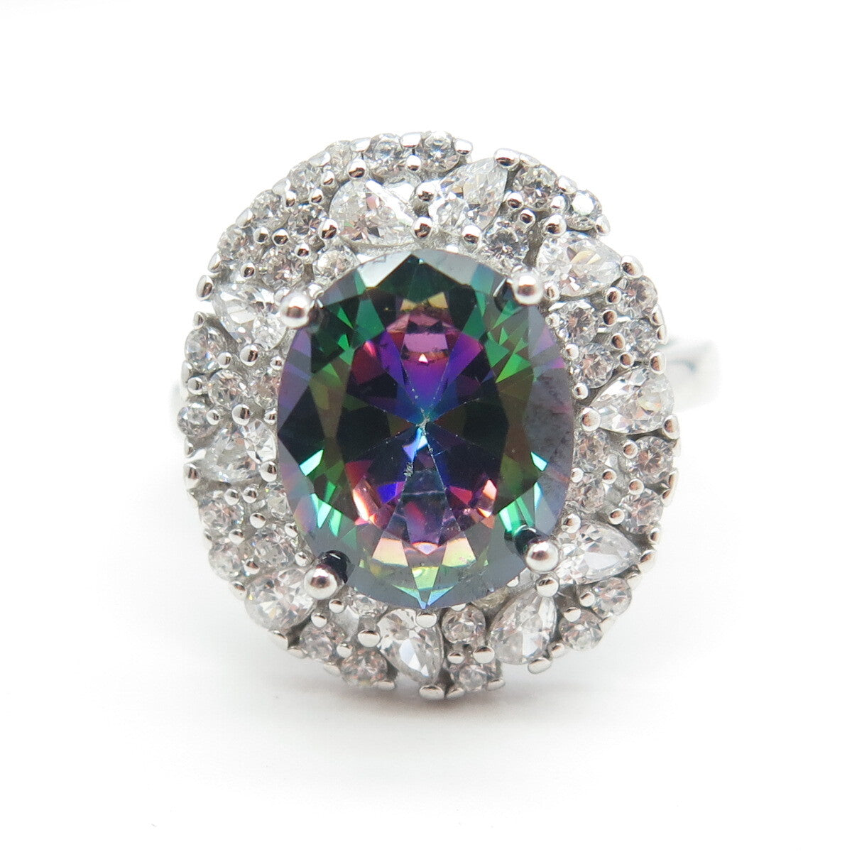 925 Sterling Silver Oval-Cut Mystic Crystal & Multi C Z Bohemian Ring Size 7