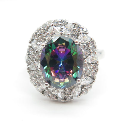 925 Sterling Silver Oval-Cut Mystic Crystal & Multi C Z Bohemian Ring Size 7