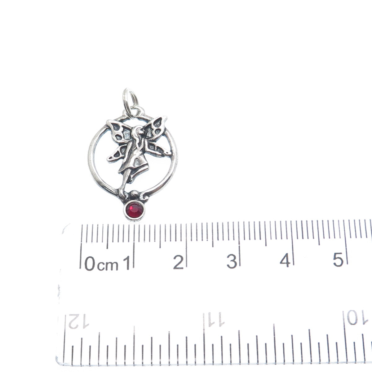 SHUBE 925 Sterling Silver Vintage Red Rhinestone Fairy Oxidized Charm Pendant