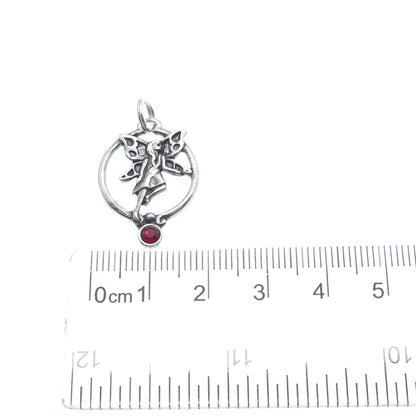 SHUBE 925 Sterling Silver Vintage Red Rhinestone Fairy Oxidized Charm Pendant