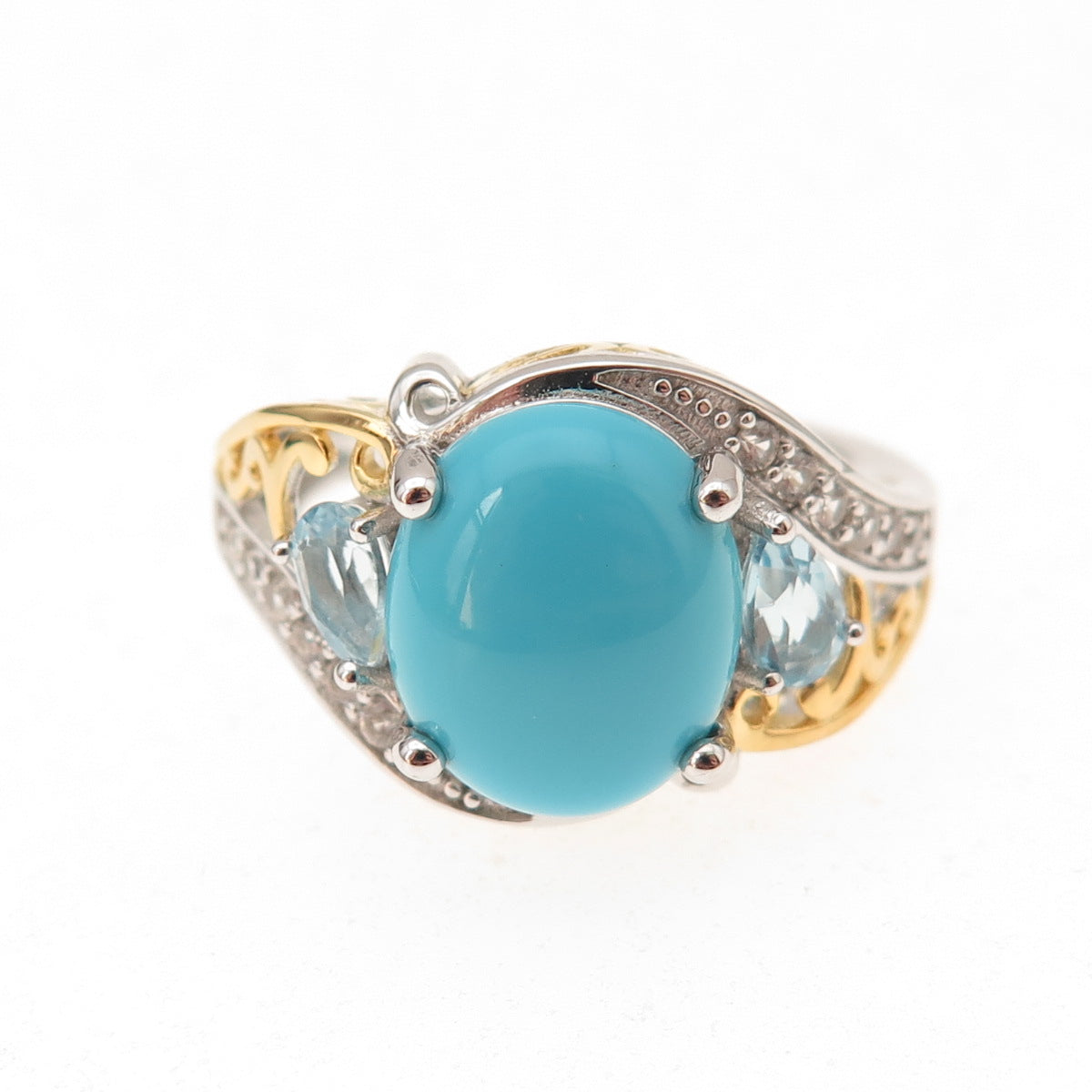 925 Sterling 2-Tone Sleeping Beauty Turquoise Blue & White Topaz Ring Size 8.25