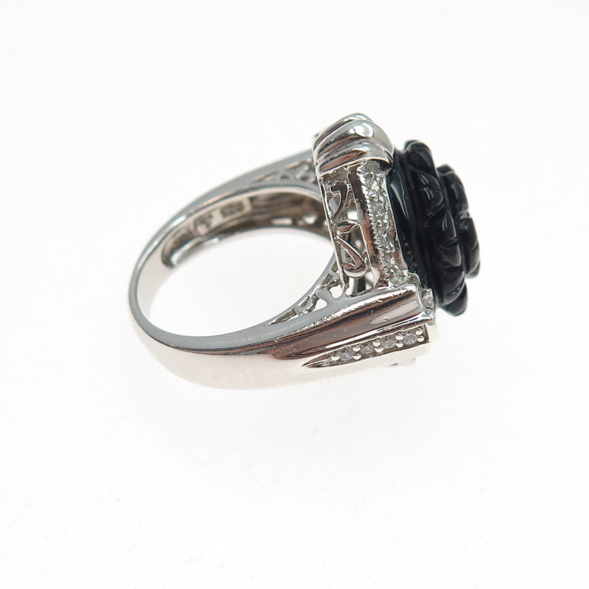 925 Sterling Silver Real Black Onyx & C Z Carved Flower Ring Size 5.25
