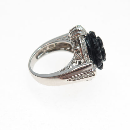 925 Sterling Silver Real Black Onyx & C Z Carved Flower Ring Size 5.25