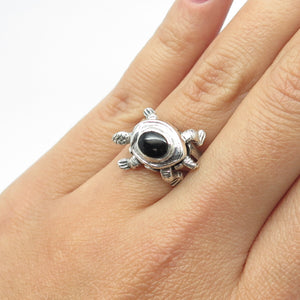 925 Sterling Silver Vintage Real Black Onyx Gemstone Turtle Ring Size 6.75