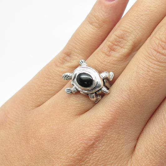 925 Sterling Silver Vintage Real Black Onyx Gemstone Turtle Ring Size 6.75