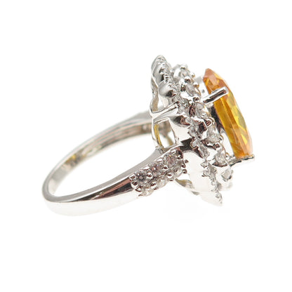 925 Sterling Silver Oval-Cut Canary & Round-Cut White C Z Ring Size 7.5