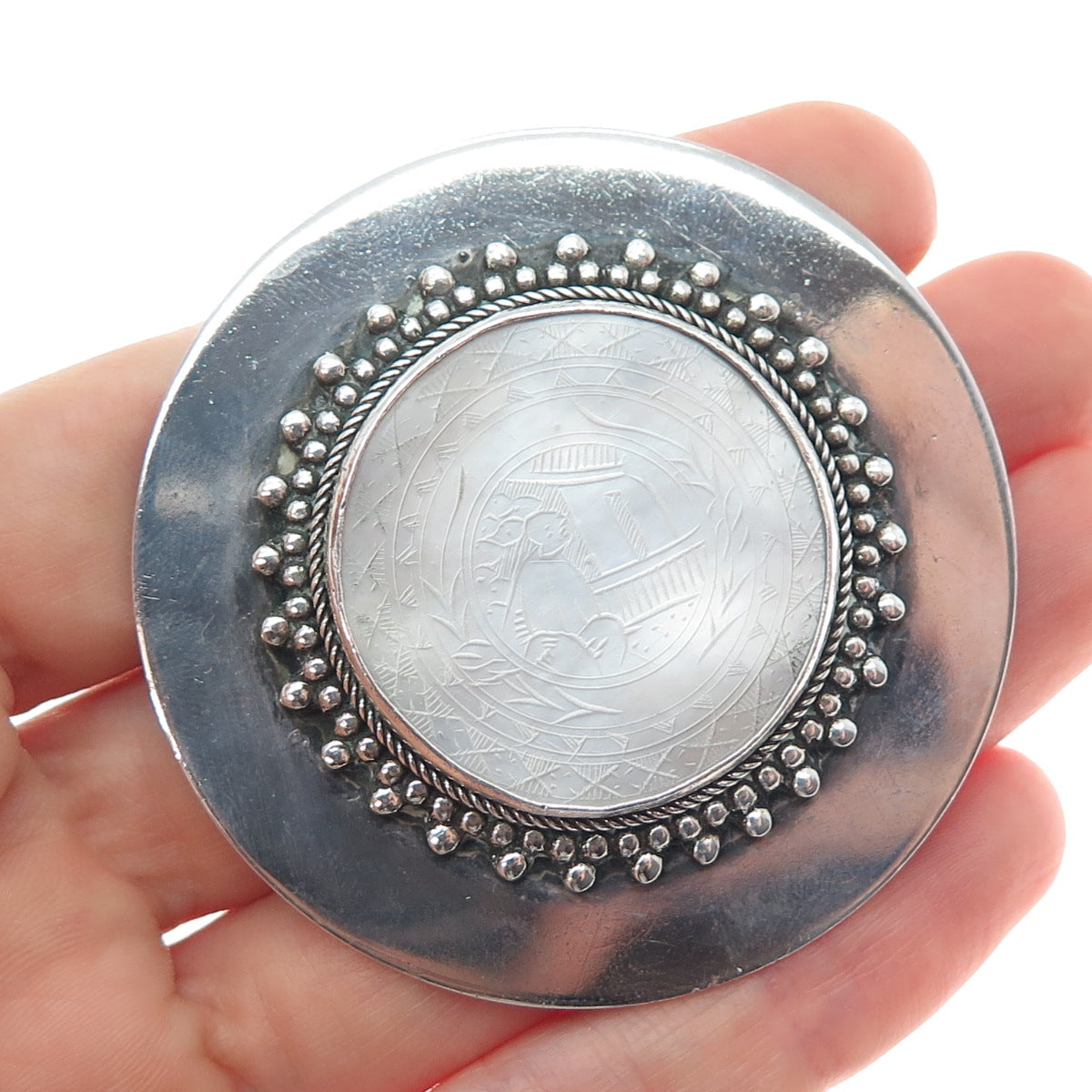 925 Sterling Silver Vintage Real Carved MOP Storyteller Oxidized Pin Brooch