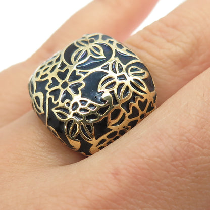 925 Sterling Silver Gold Plated Black Enamel Floral Wide Ring Size 6